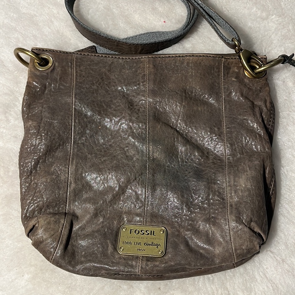 FOSSIL long live vintage grey brown olive distressed flap crossbody bag - Picture 4 of 15